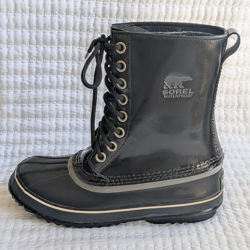 Sorel Dahlia Waterproof Patent Leather Mid Calf‎ Lace Up Snow Boots Black US 9